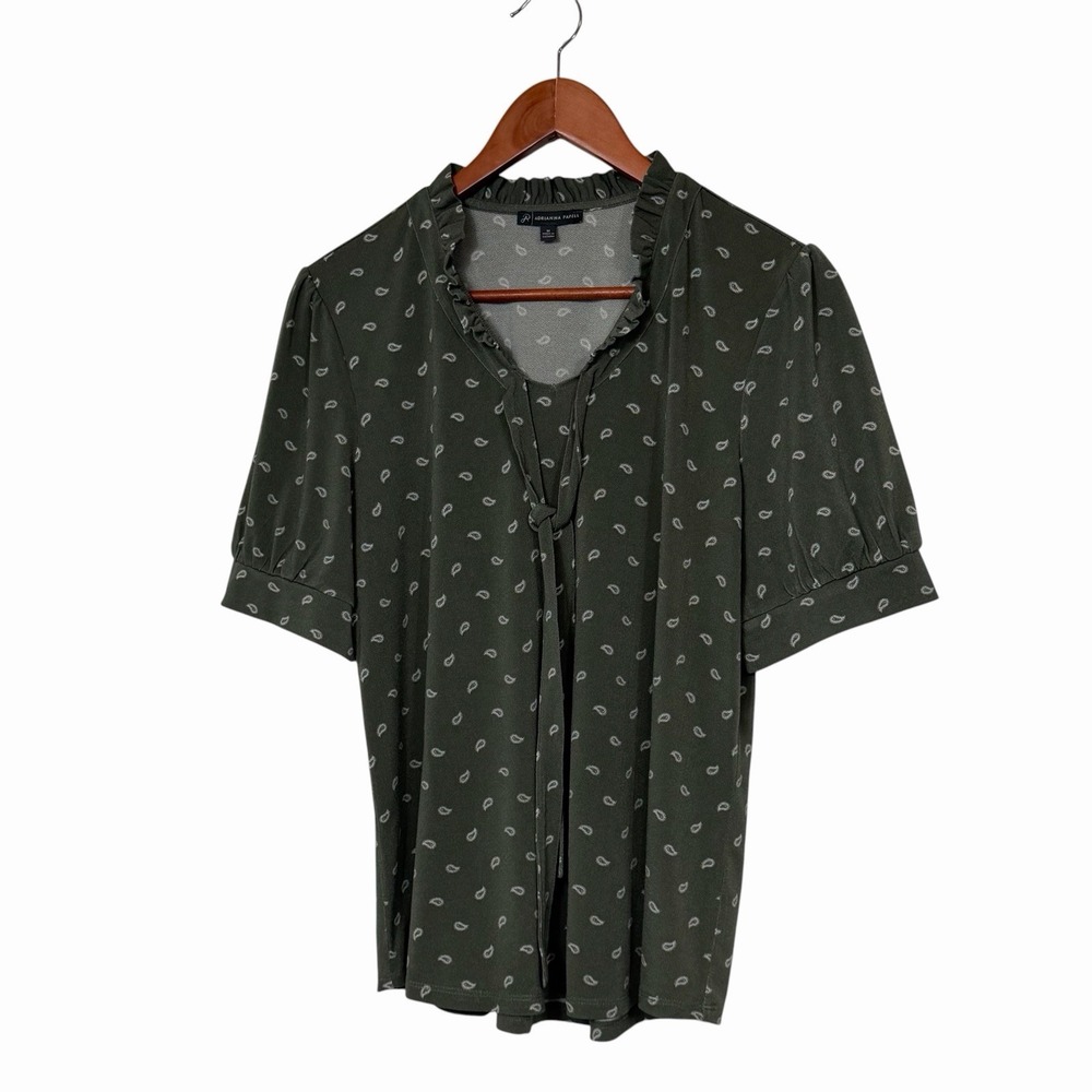 Adrianna Papell Womens Medium Green Paisley Tie Neck Blouse Puff Sleeve Top - Picture 2 of 8